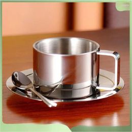 Mugs 3Pcs/set Stainless Steel Coffee Cups With Tray Stirring Spoon Double Wall Insulation Milk Tea Mug European El Drinks Tumbler