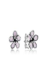 Cute Women's 925 Sterling Silver Pink Enamel Cherry blossoms Stud Earring Original box for Silver Jewellery Best Christmas Gift6253332