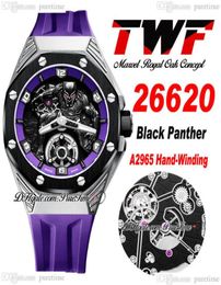 TWF 42 A2965 Hand Winding Mens Watch Tourbillon Titanium Steel Case Ceramic Bezel 3D Black Panther Dial Purple Rubber Strap 2022 S7256249
