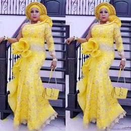 Aso Ebi Yellow Mermaid Evening Dresses With Long Sleeves Plus Size Prom Dress Ruched Formal Lace Party Gowns Custom Made Vestidos 278j