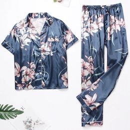 Pyjamas For Women Silk Satin Sleepwear Spring Long Sleeve Top With Trouser Homewear Pyjama Flower Print Pyjama Pants Lounge Sets 240428