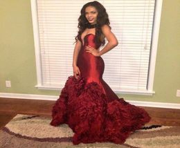 Burgundy Mermaid Prom dresses 2016 Elegant Taffeta arabic Sweetheart back Corset Cascading Ruffles Sexy black Girl Prom Evening Go1437058