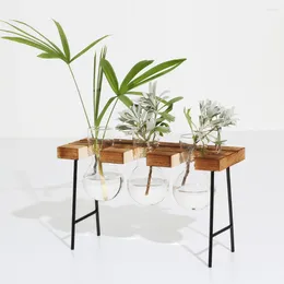 Vases 1PCS Terrarium Hydroponic Glass Vintage Flower Pot Transparent Vase Wooden Frame Tabletop Plants Room Home Bonsai Decor