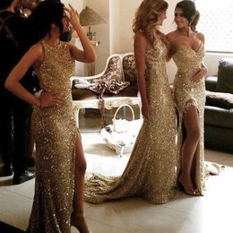 Bridesmaids Gowns Weddings Mermaid Gold Sequin Bridesmaid Dress Different Styles Same Color 2021 Sexy Charming Slpit Front Maid of Hono 3245