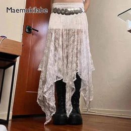 Skirts Maemukilabe Floral Lace Sheer Irregular A-Line Skirt Beach Vacation Vintage Grunge Cottage Midi Dress Y2K Aesthetic Streetwear