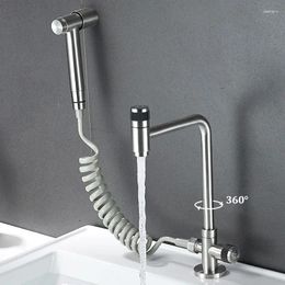 Kitchen Faucets Faucet Stainless Steel Single Hole Wash Basin Tap 360 Degree Swivel Spout Sink With Bidet Sprayer Cold Water