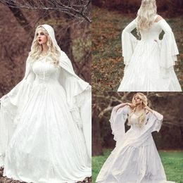 2020 Vintage Gothic Wedding Dresses Satin Lace A Line Sweep Train Bohemian Wedding Dress Custom Made Long Sleeve Bridal Robes De Mariee 267Q