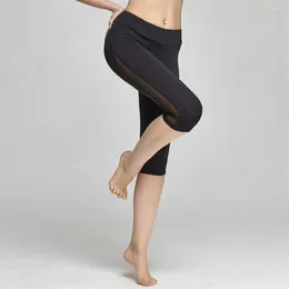 Yoga Outfits Stitching Net Yarn Stretchy High Waist Pants Sports Running Capri-pants Women Fitness Legging