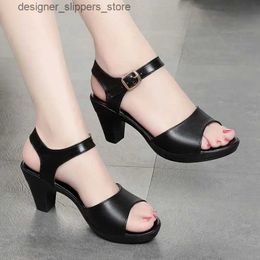Sandals Black square heel Sandals for wmoen shoes platform block heel Ankle Strap kitten heel Open Toe sandals leather Q240511
