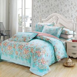 Bedding Sets Floral Princess Style Wedding Blue Bed Linen Bedclothes 4pcs Duvet Cover Quilt Sheet Pillow Cases