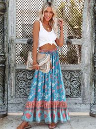 Skirts Happie Queens Women Floral Print Tassel Beach Bohemian Pleated Skirt Lady Vintage Elastic Waist A-Line Rayon Maxi Boho