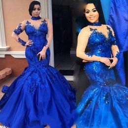 Royal Blue Plus Size Mermaid Prom Dresses High Neck Long Sleeves Lace Applique Beads Saudi Arabia Evening Gowns Formal Dress 248y