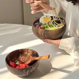 Bowls 1set Natural Coconut Bowl Set Wooden Salad Ramen Wood Spoon Coco Smoothie Kitchen Tableware