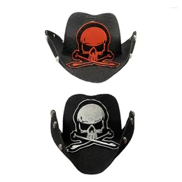 Berets Vintage Straw Weaving Hat Women Men Ladies Cowboy With Embroidery Skull Punk Bonnet Cosplay