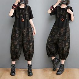 Women's Jeans Casual Loose Big Size Jumpsuits Women Spring Autumn Print Floral Denim Overalls Wide Leg Dungarees Straps Baggy Pants Q133