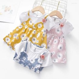 Girl Dresses Cotton Toddler Summer Cute Printing Short Sleeve Skirt For Faux Two-piece Dress Kids Clothes Baby 6M-4Y