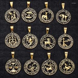 Pendant Necklaces Round Design 12 Zodiac Sign Constellations Horoscope Stainless Steel Necklace For Men Chains