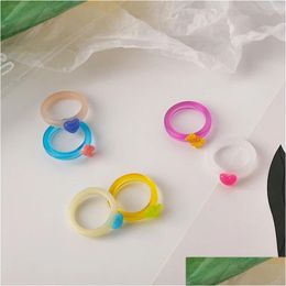 Cluster Rings Korean Colourf Transparent Resin Acrylic Bear Heart Geometric Round Set For Women Jewellery Travel Gifts Vintage Ring Dr Dhfcr