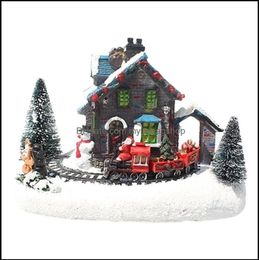Decorative Objects Figurines Home Accents Decor Garden Christmas Village Led Lights Small Train House Luminous Landscape Resin Des7693226