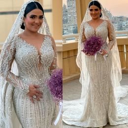 2024 Arabic Aso Ebi Plus Size Arabic Ivory Mermaid Wedding Dress Beaded Crystals Sparkly Bridal Gowns Dresses J222