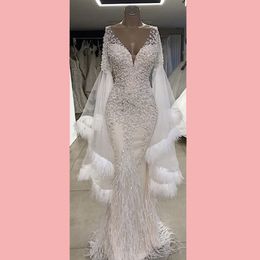 Luxury Formal Evening Dresses Feather Long Sleeves Mermaid Party Gowns 2020 Couture V-Neck Tulle Beaded Crystals Prom Dresses Cap Sleev 310q