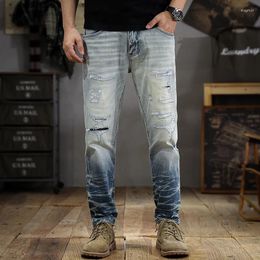 Men's Jeans 2024 American-Style Vintage Washed Distressed Ripped Stretch Slim Straight Handsome Skinny Pants