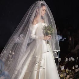 Bridal Veils Super Long 6 Meters Double Layer Simple Satin Ribbon Edge 3m Width Veil Headpiece Wedding Accessoires 278S