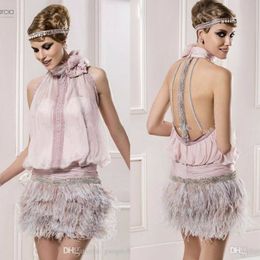 Vintage Great Gatsby Pink High Neck Short Prom Formal Dresses with Feather Sparkly Beaded Backless Cocktail Dress Party Occasion Gown 270P
