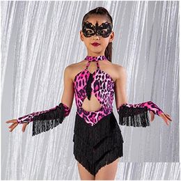 Stage Wear Girls Latin Dance Clothes Pink Leopard Fringe Dress Performance Suit Kids Cha Rumba Samba Costume Dnv17619 Drop Delivery Ap Otkrx