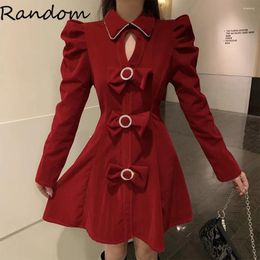 Casual Dresses Ladies Year 2024 Party Sexy Christmas Dress Turn Down Collar Rhinestone Bow Puff Long Sleeve Mini Woman Plus Size