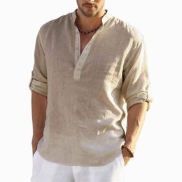 mens linen long sleeved solid Colour loose casual T-shirt long sleeved cotton linen shirt plus size mens shirt 240511