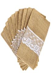 New Design 100Pcs Lot Burlap Cutlery Holder Vintage Shabby Chic Jute Lace Tableware Pouch Packaging Fork Knife Pocket Home Texti4241919