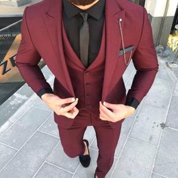 Burgundy Wedding Tuxedos Groom Attire Groomsmen Outfit Slim Suits Fit Best Man Suit Men's Suits Bridegroom Jacket Vest Pants Custo 193j