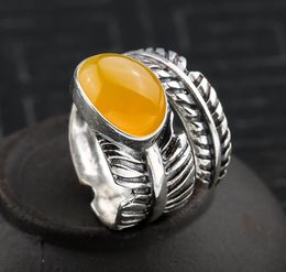 S925 Pure Silver Feather ring with adjustable ring with personalized honey wax amber mens and womens empty silver bracket 9 129915777