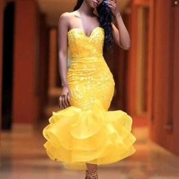 Chic Yellow Cocktail Party Dresses Sweetheart Lace African Short Prom Evening Gowns Tiered Ruffles Sexy Special Occasion Dress 264J
