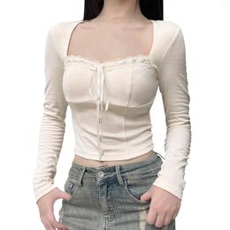 Women's T Shirts Lace Trim T-Shirt Women Korean Crop Tops Y2K Clothes Vintage Square Neck Long Sleeve Tees Solid Colour Pullovers Top