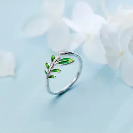Cluster Rings REETI 925 Sterling Silver For Women Green Leaf Open Ring Style Lady Prevent Allergy Sterling-silver-jewelry
