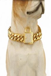 14mm Wide Fashion Stainless Steel Gold Cut Cuban Curb Link Chain Training Collar Choker With Zirconia Lock Dog Necklace 1234quot1961002