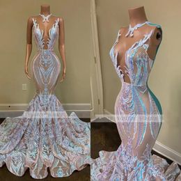 Prom Dresses Black Girls Sparkly Sequin Long Sweep Train 2022 Sexy sheer o Neck Mermaid African Women Gala Evening Party Gowns robes 275c