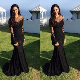 Black Arabic Satin Mermaid Prom Dresses Sheer Long Sleeves Lace Appliques Beaded Plus Size Formal Party Evening Gowns robes de soiree 258c