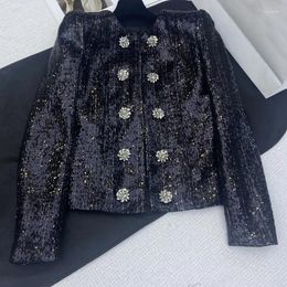 Women's Jackets Women Sequins Black Slim Jacket Round Neck Shoulder Pads Rhinestone Buttons Design Coat For High End Y2K Clothes Spring