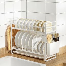 Kitchen Storage Dish Drainer Large Capacity Carbon Steel Countertop Plate Drainage Rack Knife And Fork Cylinder Supplies