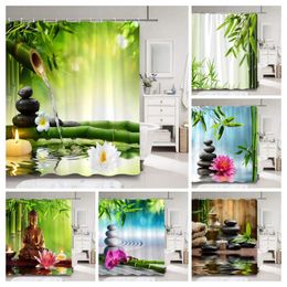 Shower Curtains Green Bamboo Zen Curtain Water Flowers Stone Reflection Scenery Pattern Printed Fabric Bath Bathroom Decor