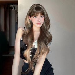 New Brown Qi Bangs Long Wigs Hot Sale Korean Brown Big Wave Hair Wholesale Europe America Fashion Style Permed Dyed Rose Net Curly Wig