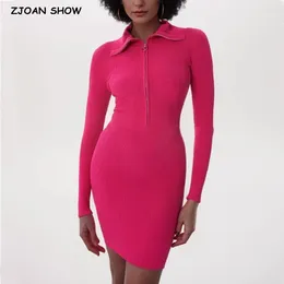 Casual Dresses 2024 Sexy Open Zipper Lapel Full Sleeve Rib Knitting Dress Women Package Hips Skinny Mini Sweater Robe Vestidos
