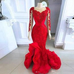 2020 New Red Long Sleeve Evening Dresses Mermaid Sheer Neck Lace Appliques Ruffles Bottom Vestidos Prom Gowns 198x