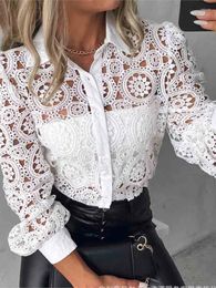 Women's Blouses White Lace Patchwork Shirt Blouse Women Spring Summer Unlined Long Sleeve Shirts For 2024 Fashion Hollow Out Vintage Tops