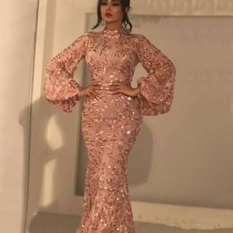 Shiny Rose Gold Lace Mermaid Prom Dresses High Neck Long Sleeves Appliques Evening Gowns Floor Length Mother of Bride Dress 261p