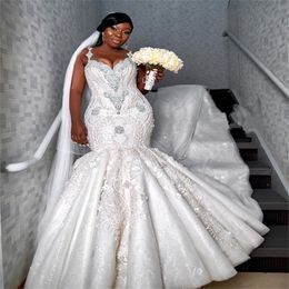 Plus Size Mermaid Wedding Dress Luxury Crystal Beads Design Bridal Gowns With Spaghetti Strap Sleeveless Summer Marriage Dresses Custom 304h