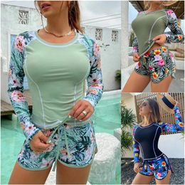 Women's Swimwear 2024 Spring Conservative Diving Surfing Suit Long Sleeve Sun Protection Digital Printing Boxer Two-Piece Swimsuit Women